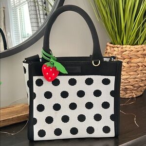 Black & White Polka Dot Tote with Strawberry Charm